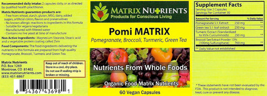 Matrix Nutrients Pomi Matrix ingredients panel highlights natural blend for daily wellness.