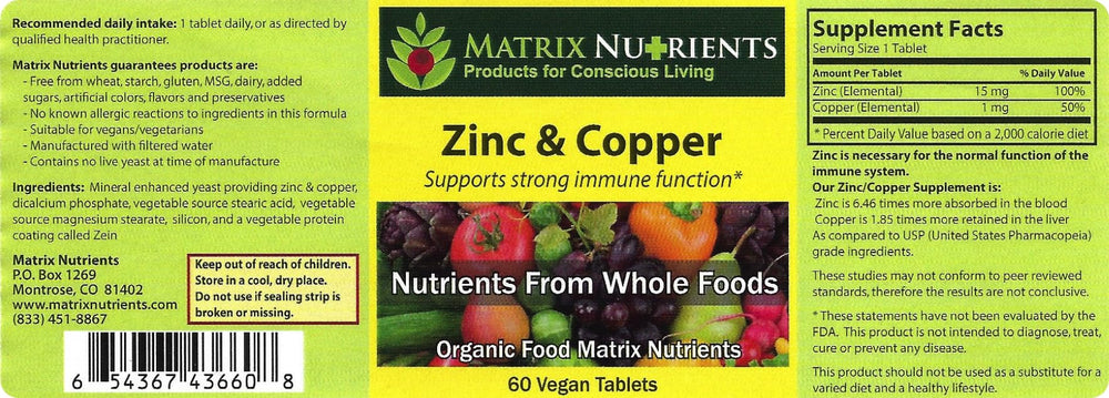 Close-up of Matrix Nutrients zinc-copper bottle, emphasizing lab-tested purity for safe supplementation.