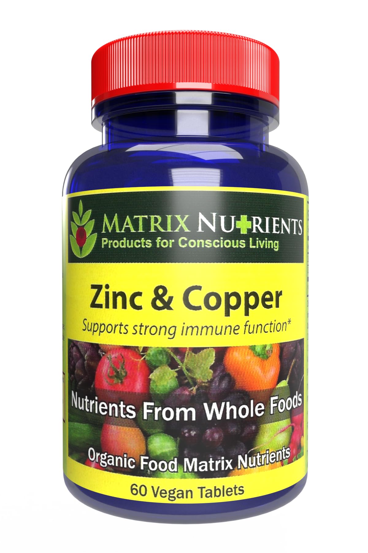 Matrix Nutrients zinc-copper tablets in bottle, supports daily wellness with high purity.