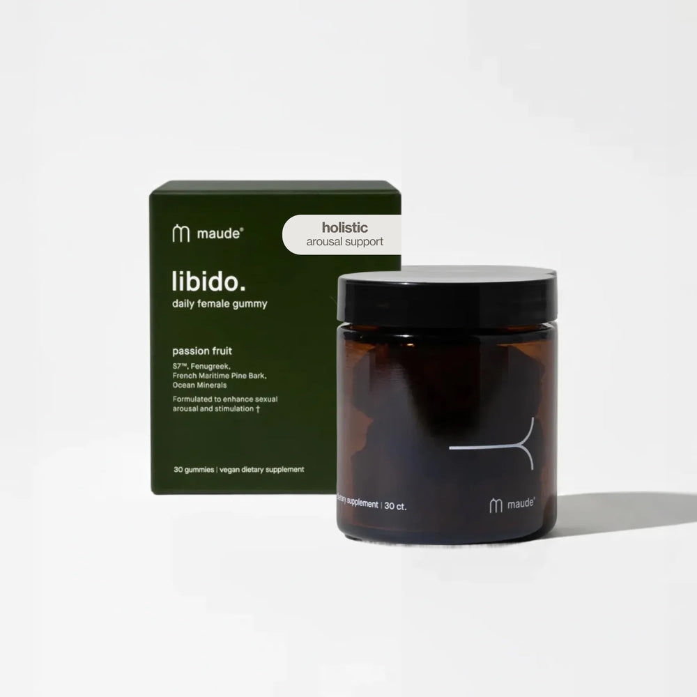 Maude 30 Day Libido Gummies bottle with label, potential daily wellness support.