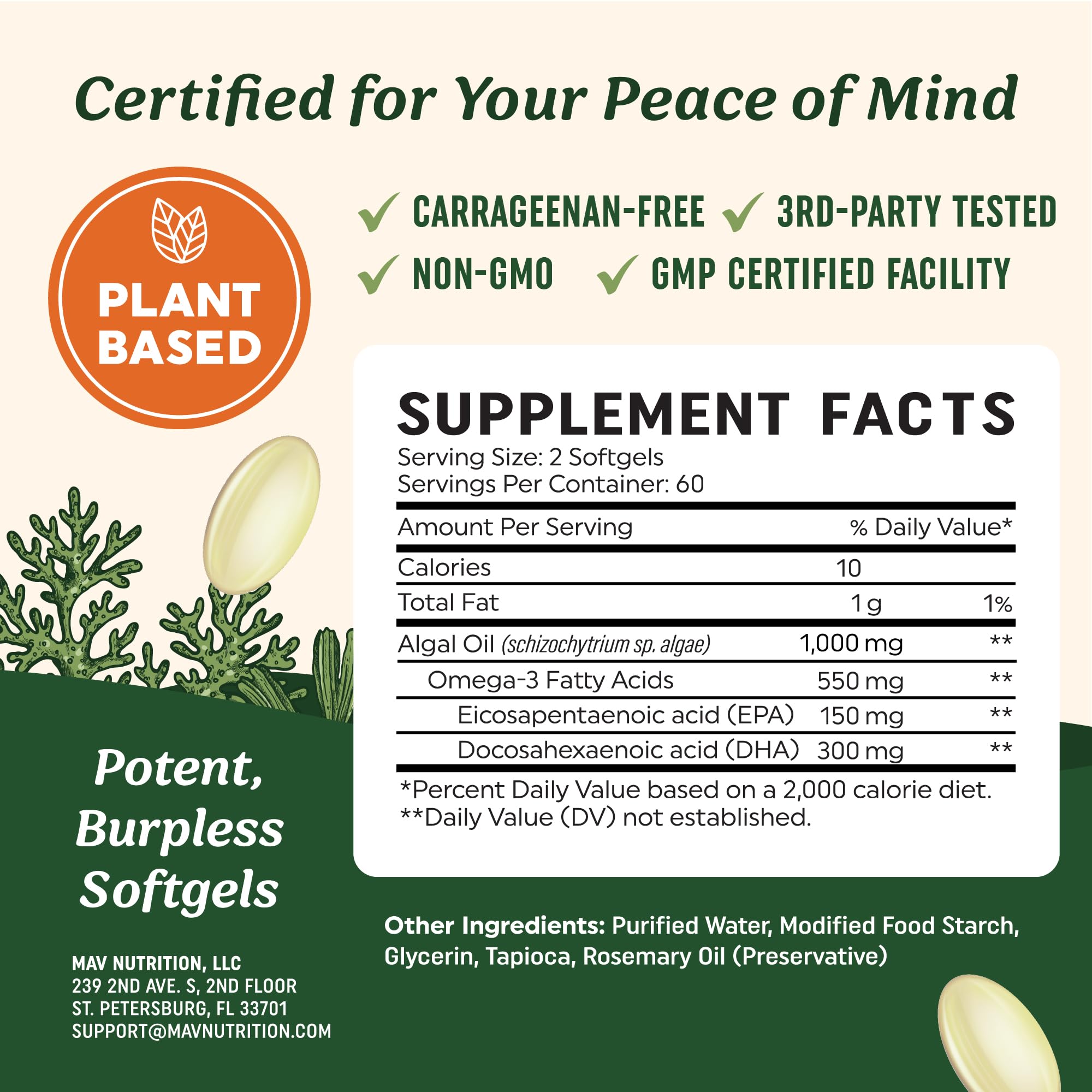 Fish-free MAV Nutrition omega-3 capsules with no fish burps