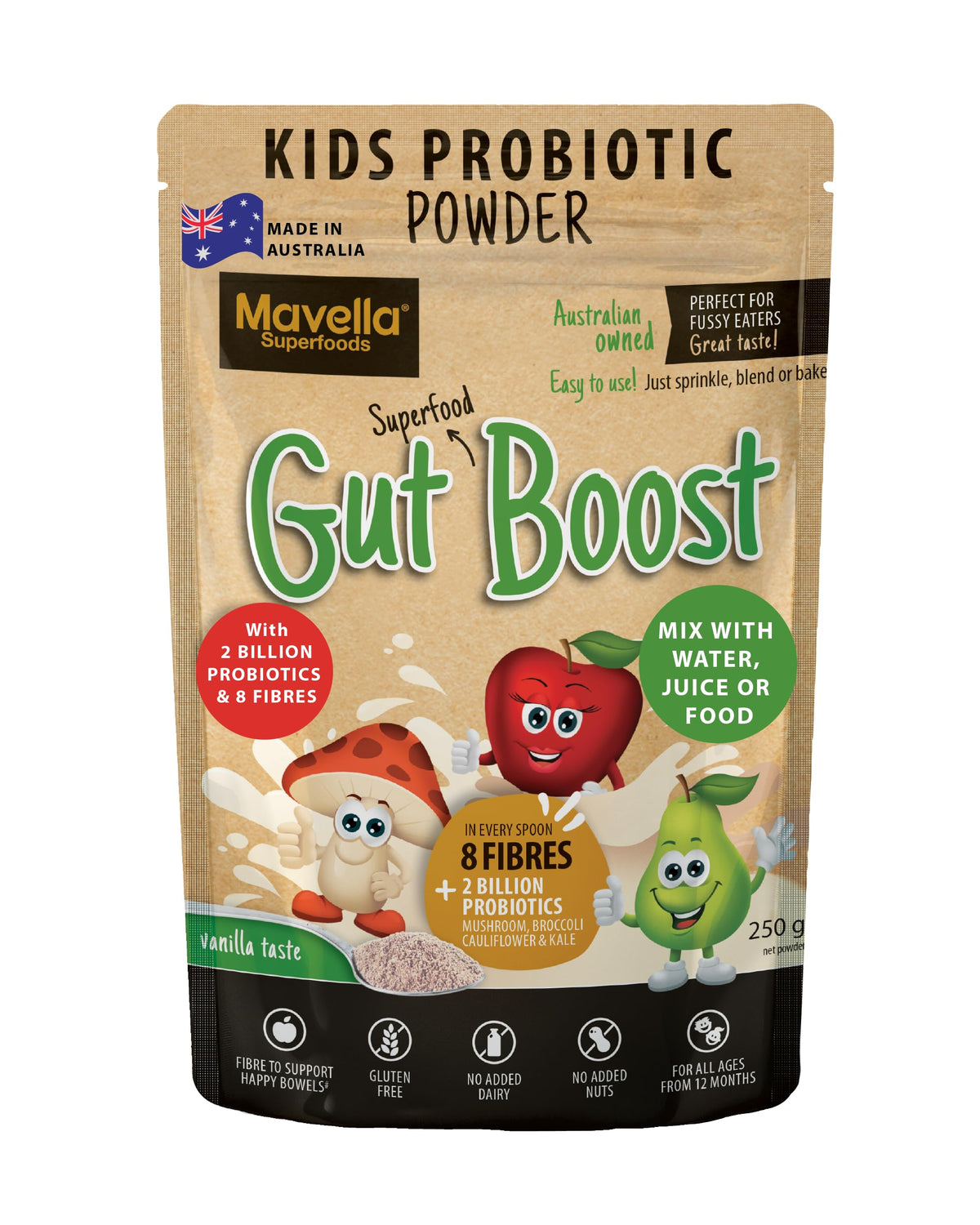 Mavella Kids Probiotic Powder tub shows daily gut support for children