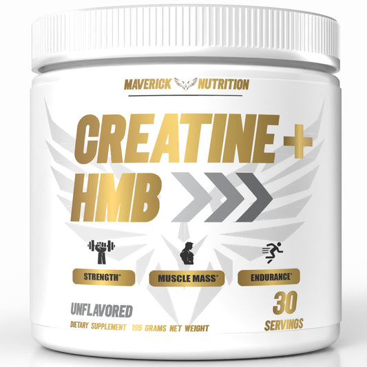 Maverick Nutrition Creatine HMB tub front illustrating strength support