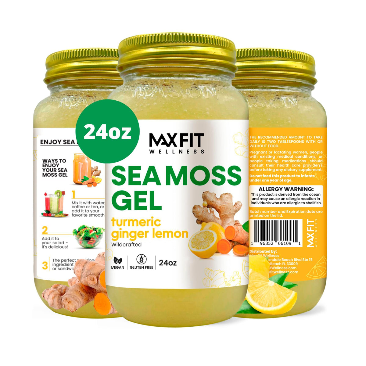 MAX FIT Sea Moss Gel 24oz jar shows the gold gel for daily nutrition.
