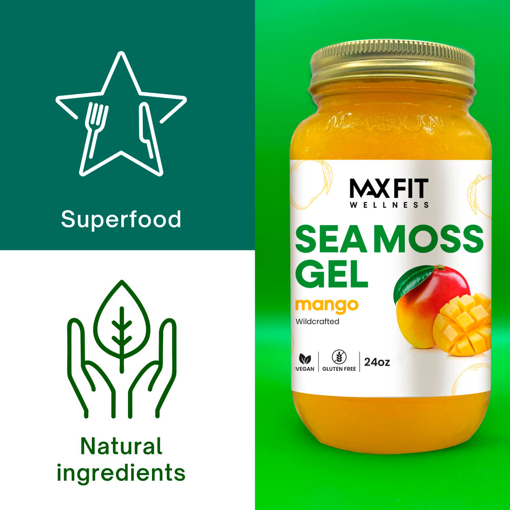 MAX FIT Sea Moss Gel jar demonstrates hair and skin use in routines.