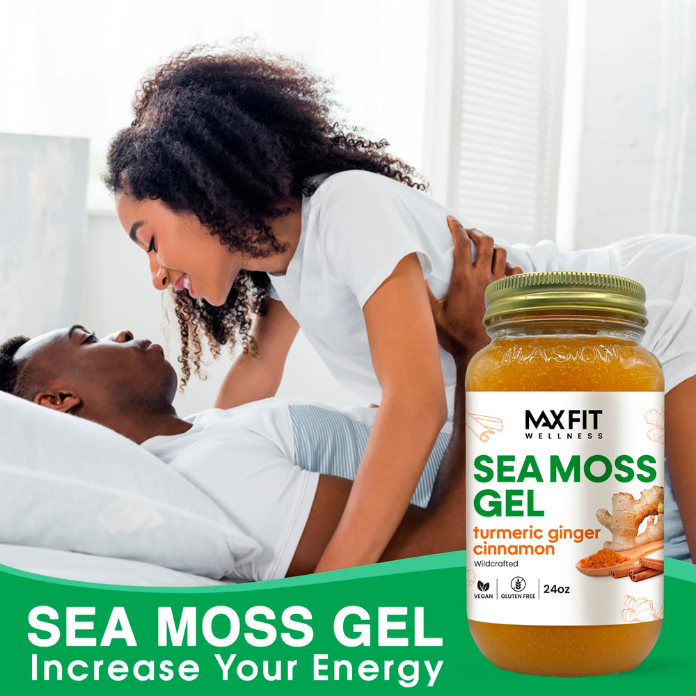 MAX FIT Sea Moss Gel jar opened showing smooth, golden gel texture.