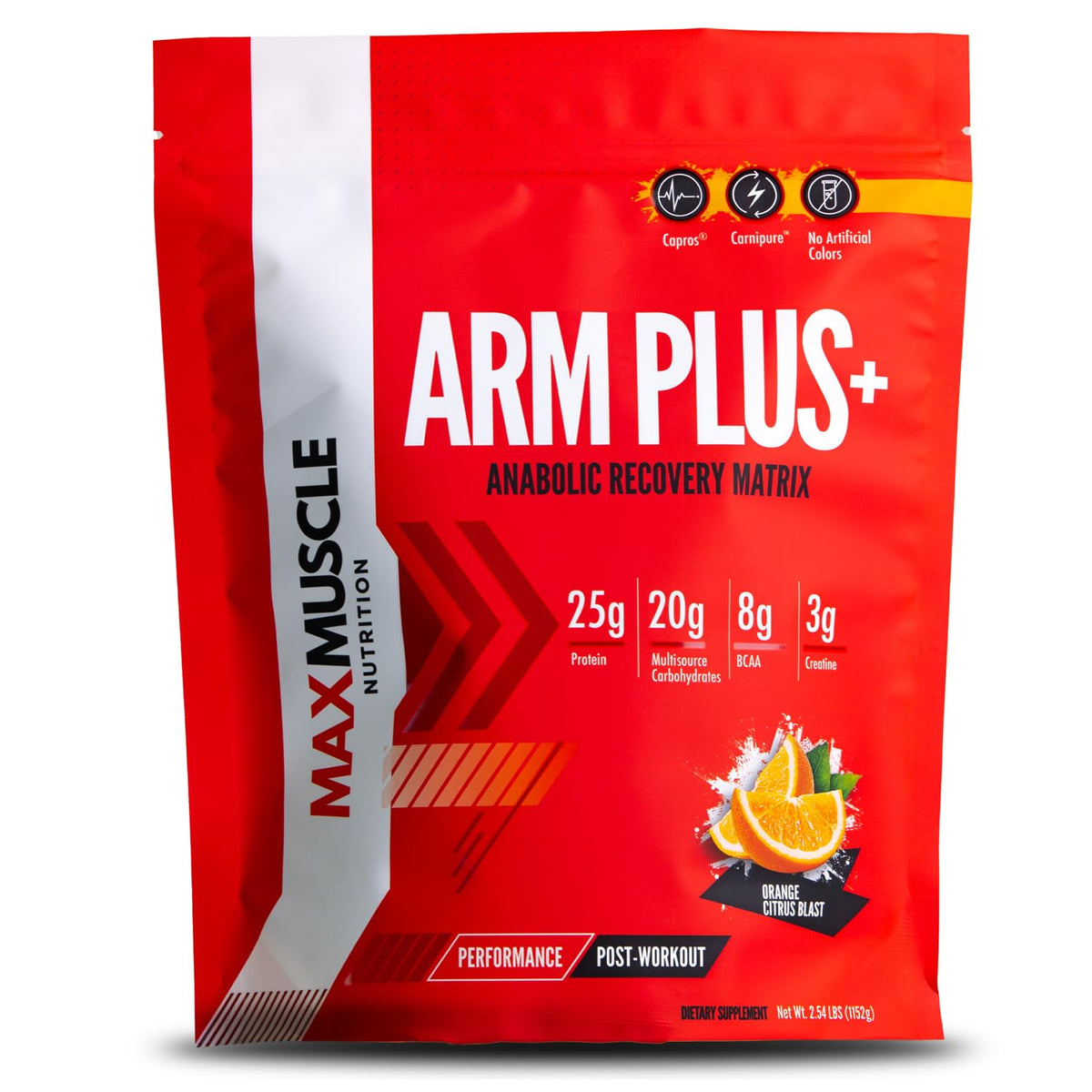 Max Muscle Arm Plus+ bottle pour after workout for rapid hydration and recovery.