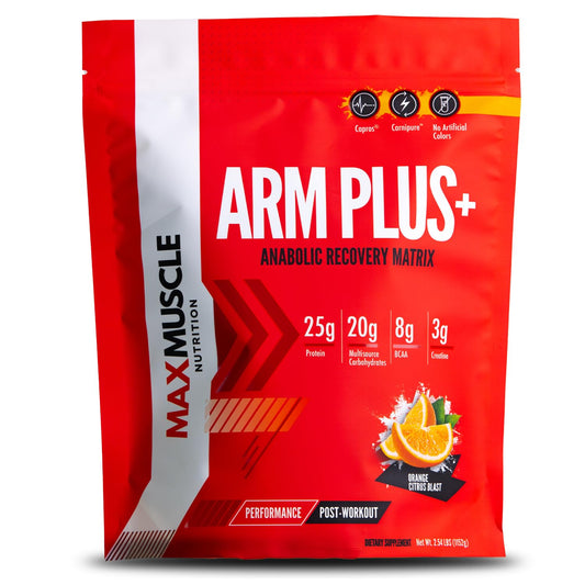 Max Muscle Arm Plus+ bottle pour after workout for rapid hydration and recovery.