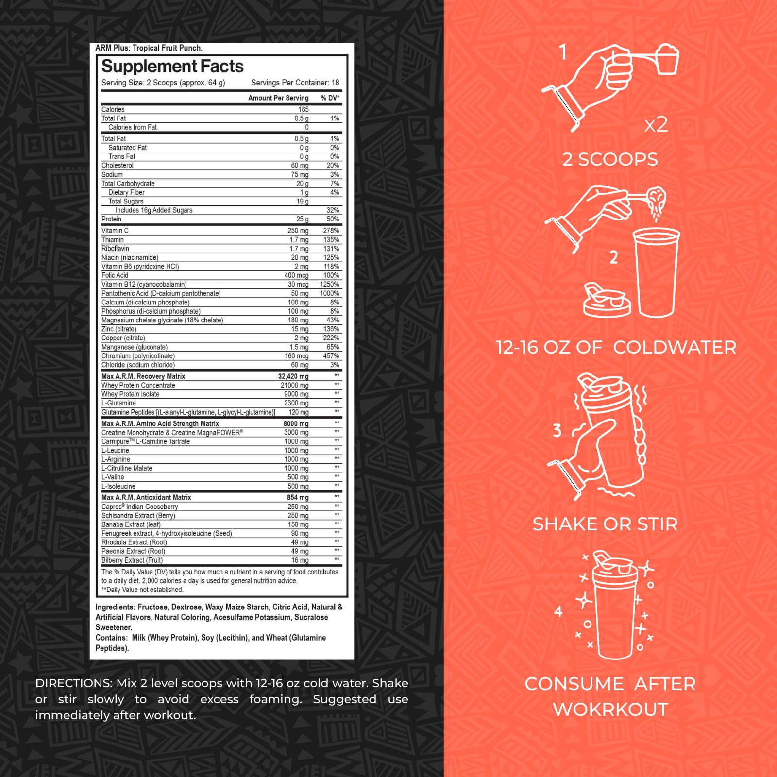 Arm Plus+ ingredient panel highlights protein, amino acids, and creatine for recovery.