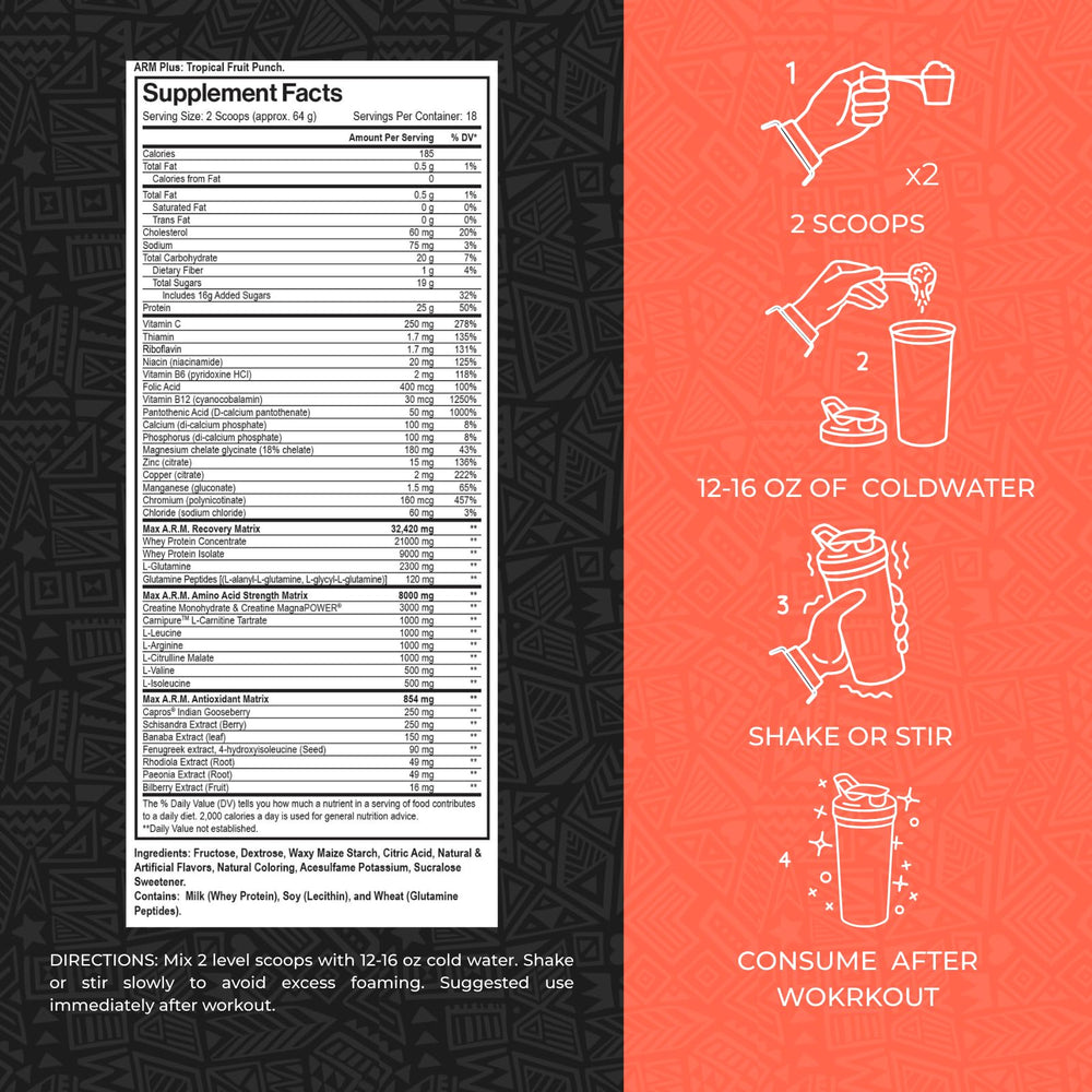 Arm Plus+ ingredient panel highlights protein, amino acids, and creatine for recovery.