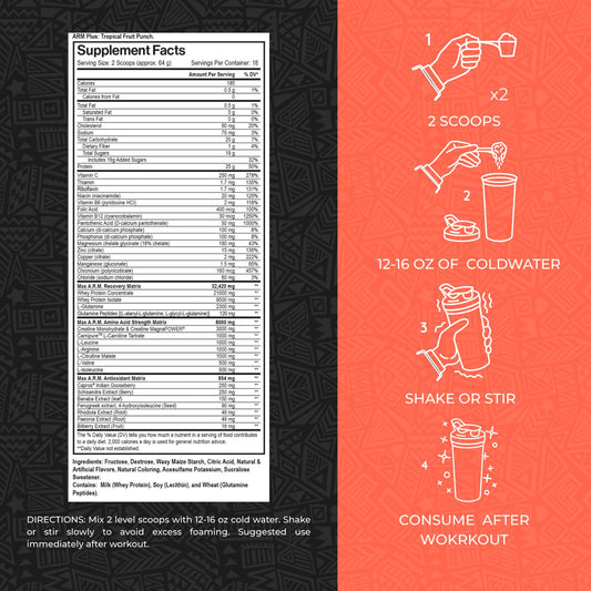 Arm Plus+ ingredient panel highlights protein, amino acids, and creatine for recovery.