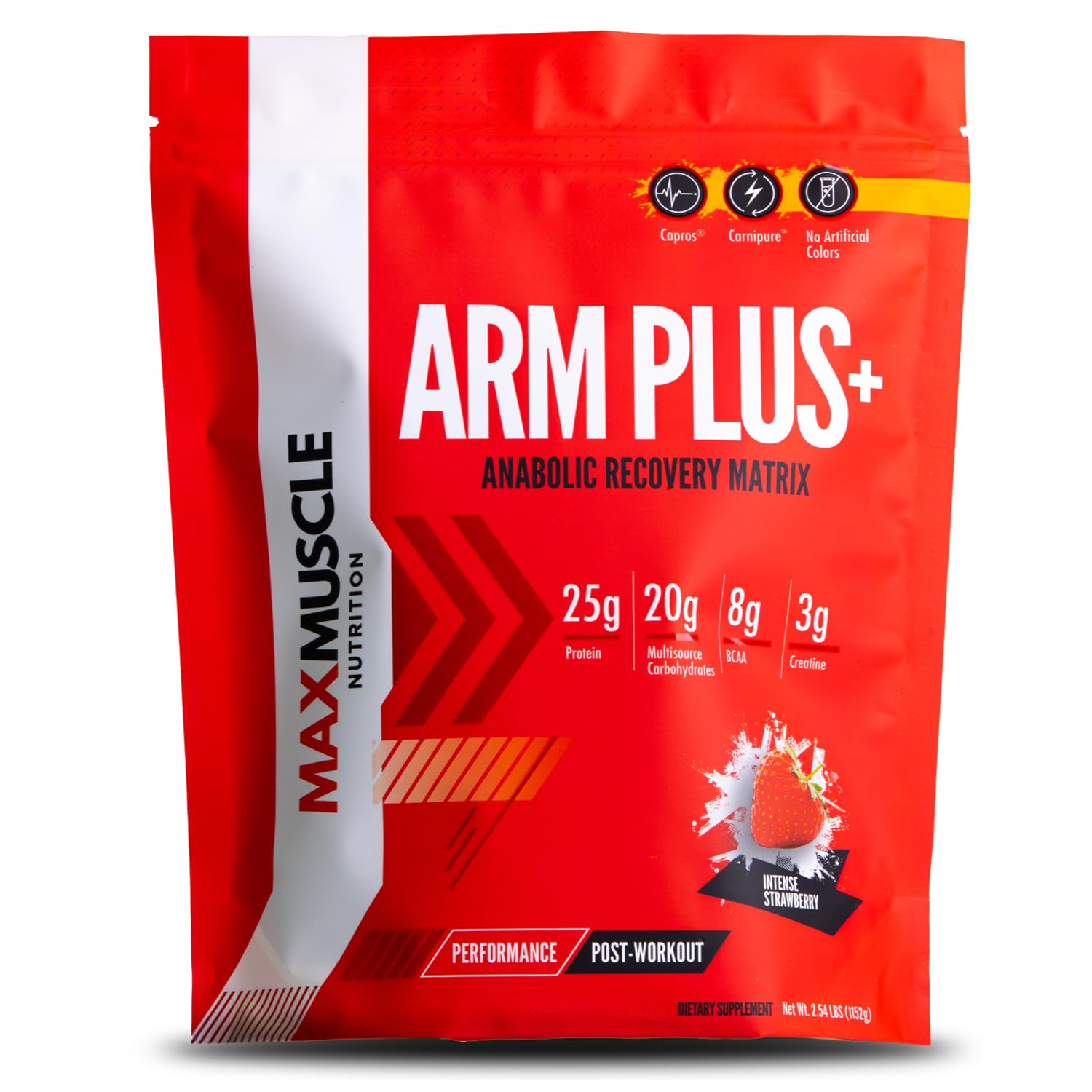 Max Muscle Arm Plus+ intense strawberry bottle, recovery formula ready for post-workout use