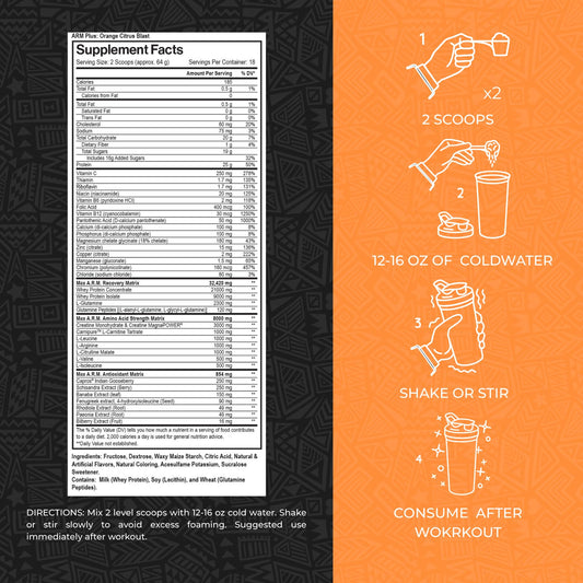 Max Muscle Arm Plus+ scoop-dispense measuring the serving for consistent fueling.