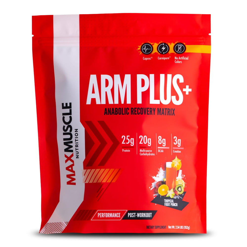 Max Muscle Arm Plus+ tropical punch bottle ready for post-workout recovery.