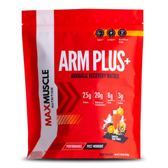 Max Muscle Arm Plus+ tropical punch bottle ready for post-workout recovery.