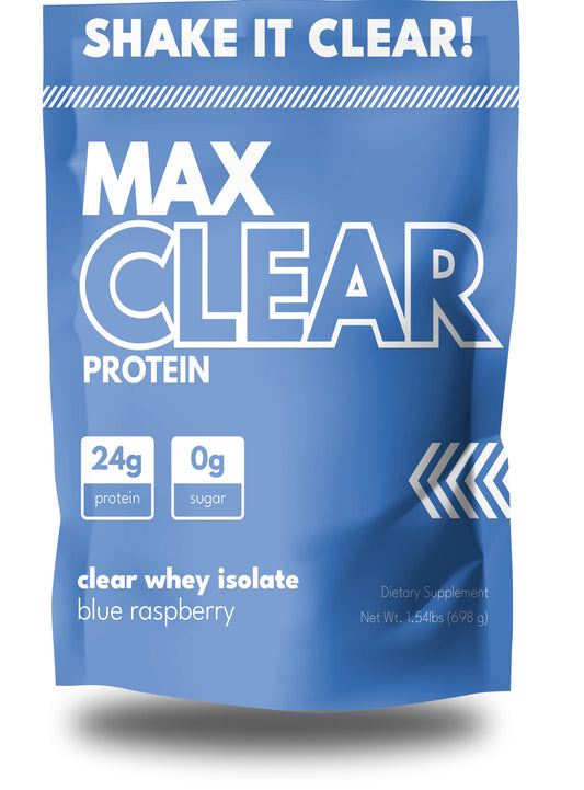 Max Muscle Max Clear Protein bottle pouring blue raspberry, ideal post-workout option with 24g protein.
