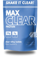Max Muscle Max Clear Protein bottle pouring blue raspberry, ideal post-workout option with 24g protein.