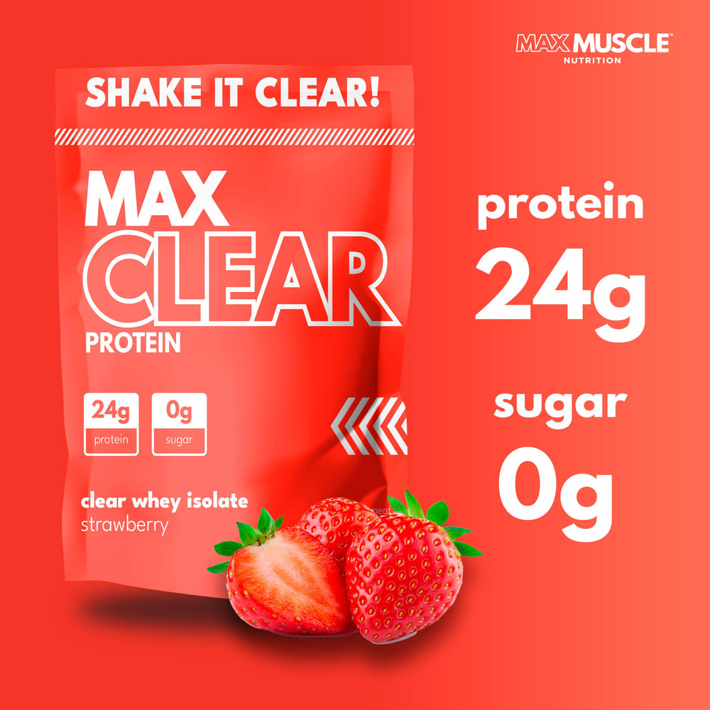 Max Muscle Max Clear Protein whey tub and scoop for quick, high-protein mixing.