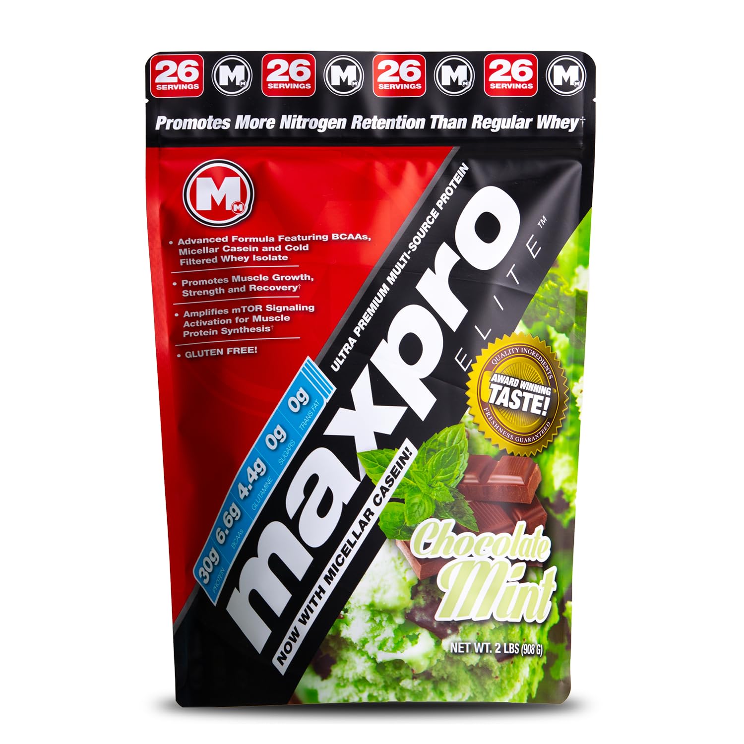 Max Muscle Maxpro Elite chocolate mint protein powder in tub for post-workout fueling.