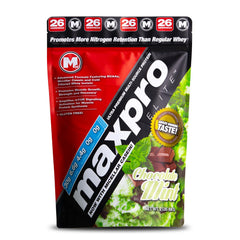Max Muscle Maxpro Elite chocolate mint protein powder in tub for post-workout fueling.