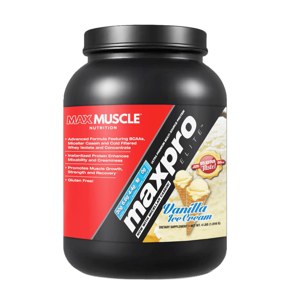 Max Muscle Maxpro Elite canister with vanilla flavor, premium protein for post-workout support.