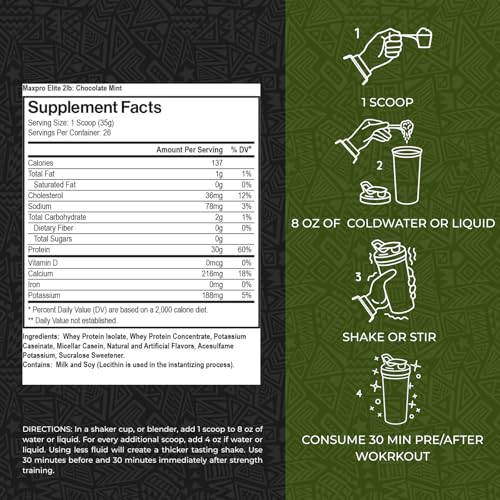Max Muscle Maxpro Elite blend of whey and casein for steady amino release.