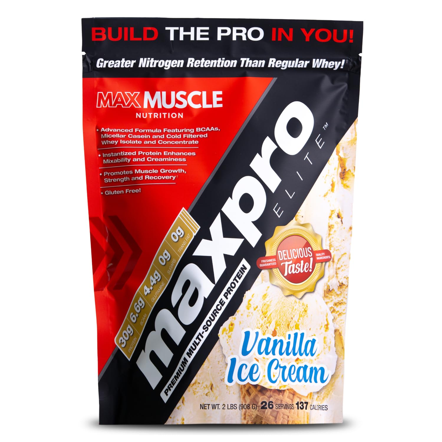 Max Muscle Maxpro Elite vanilla whey powder in 2lb bag for daily fueling