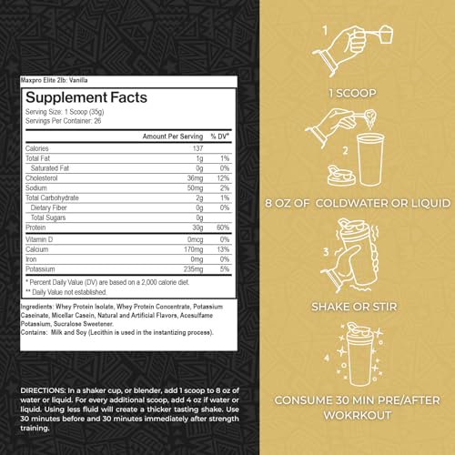 Max Muscle Maxpro Elite vanilla label closeup highlighting ingredients