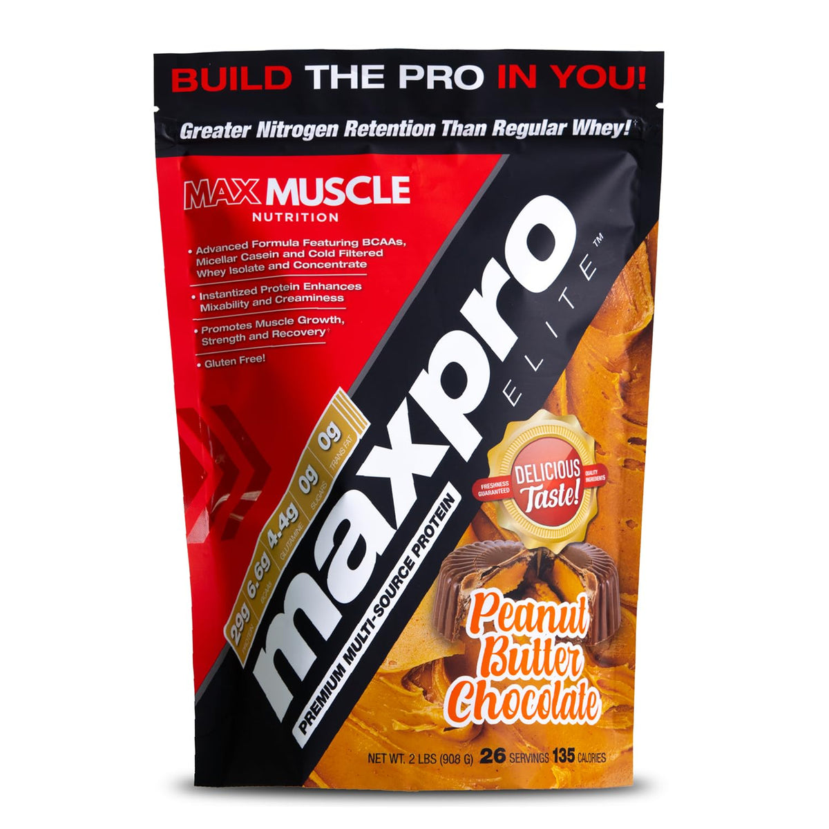 Max Muscle Maxpro Elite whey protein tub with nutrition panel for high-protein support