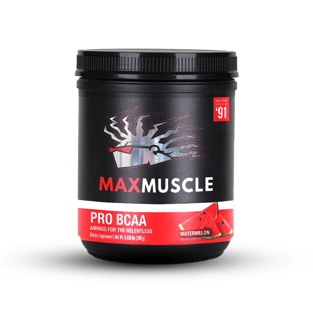 Max Muscle Pro BCAA Watermelon scoop highlights recovery support after workouts.