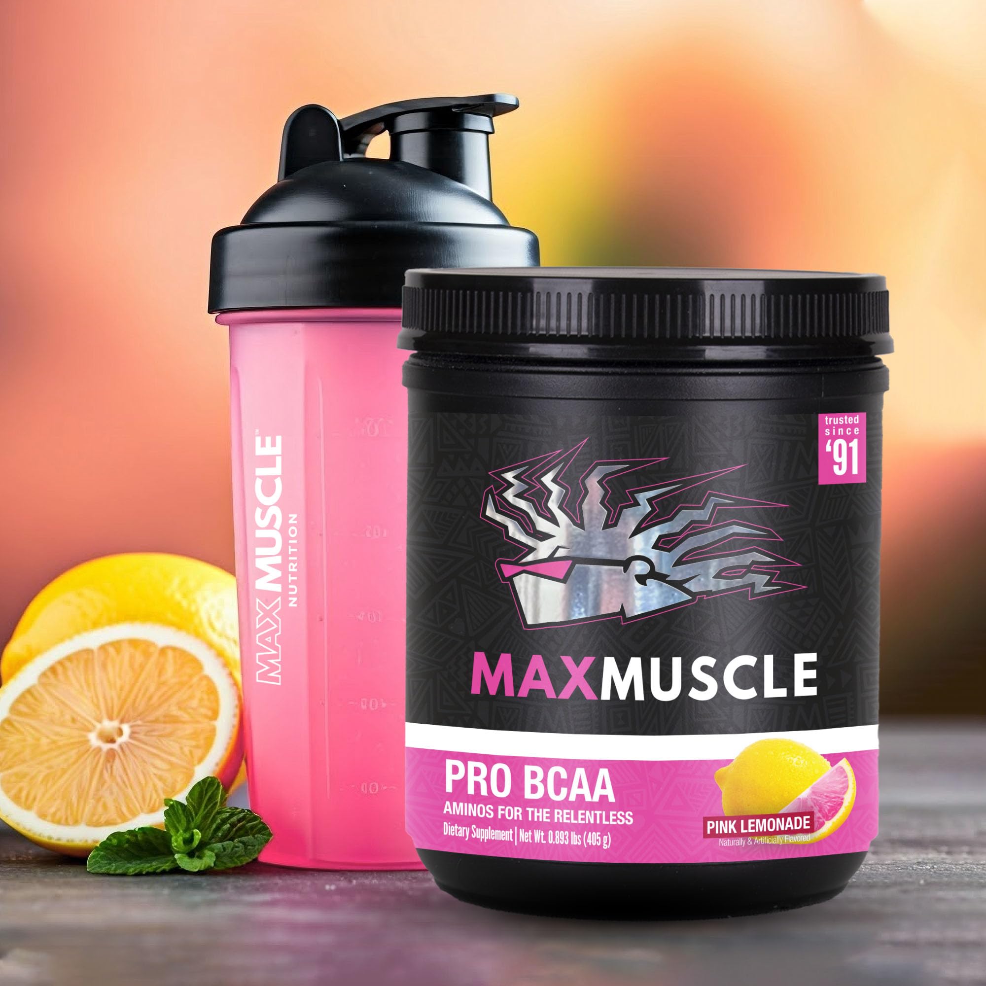 Max Muscle Pro BCAA powder with measuring scoop ready for pre-workout use