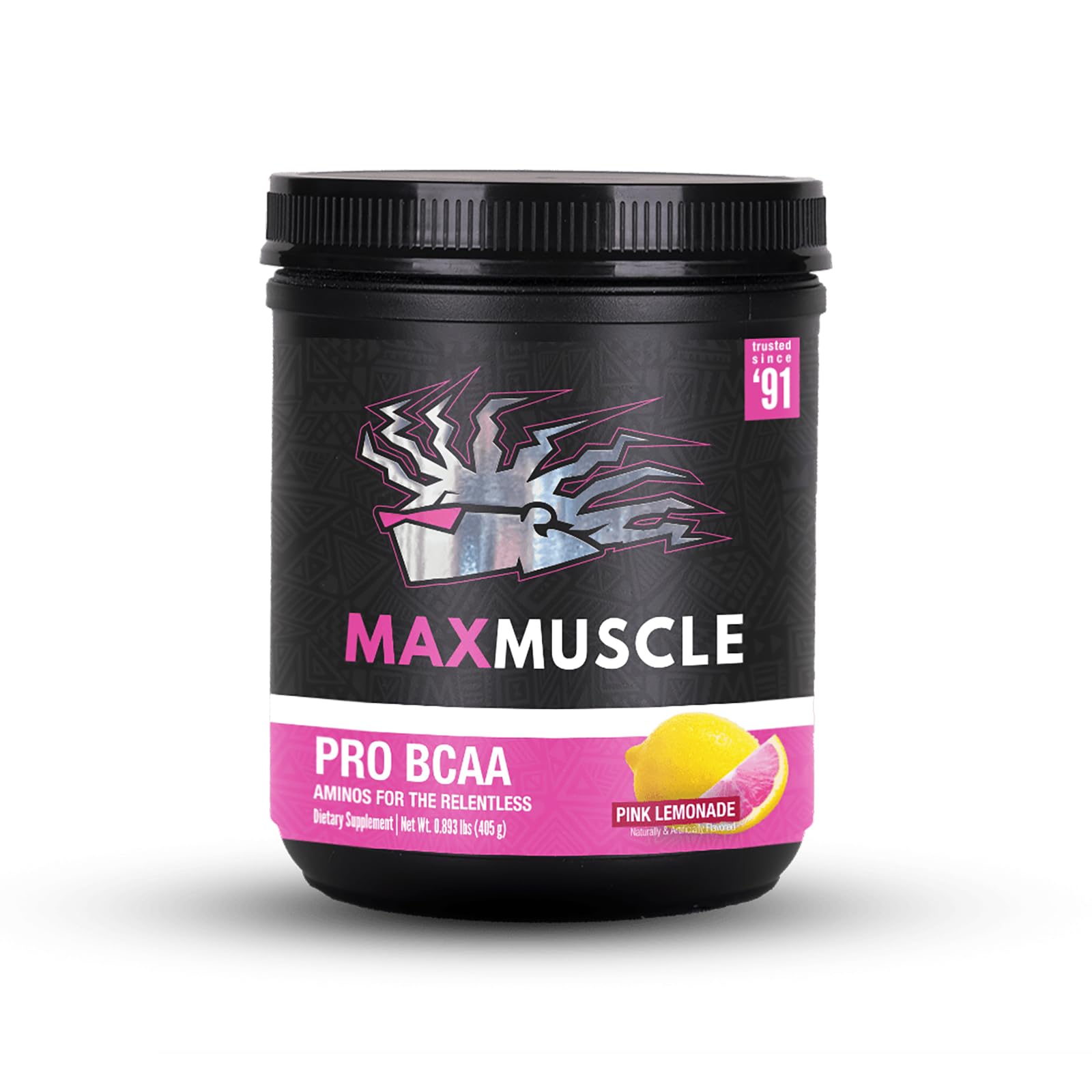 Max Muscle Pro BCAA bottle front showing pink lemonade flavor for post-workout recovery