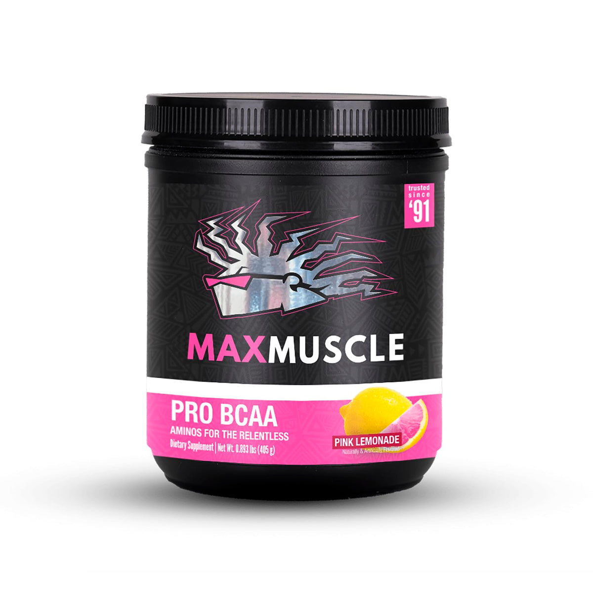 Max Muscle Pro BCAA bottle front showing pink lemonade flavor for post-workout recovery
