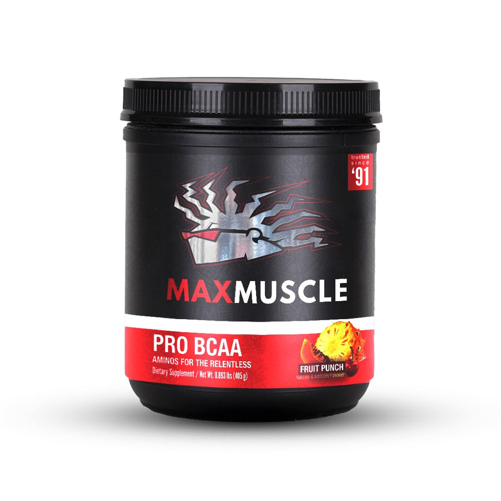 Max Muscle Pro BCAA Fruit Punch bottle on gym bench for post-workout recovery