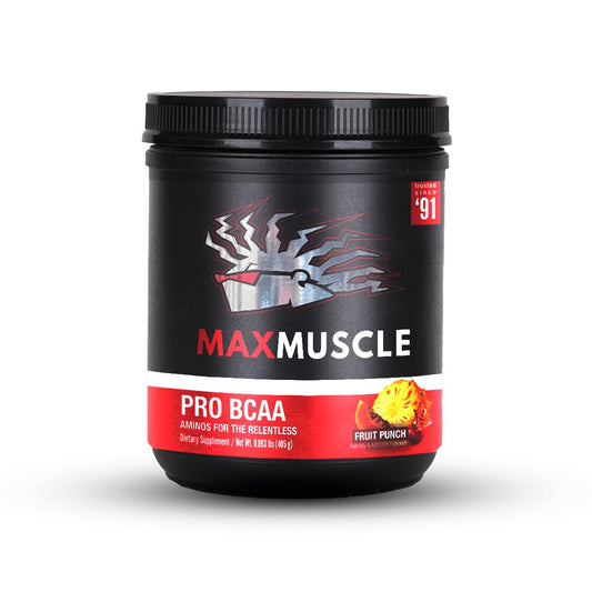Max Muscle Pro BCAA Fruit Punch bottle on gym bench for post-workout recovery