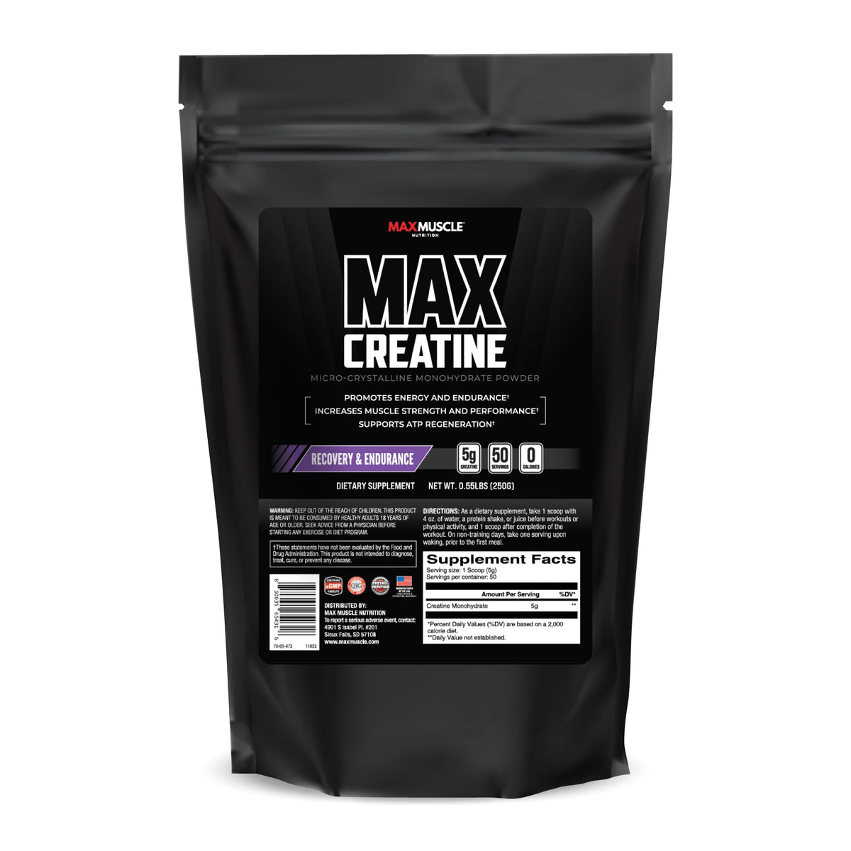 Max Muscle Ultra Pure Creatine Monohydrate powder bottle showing 5 g servings for performance
