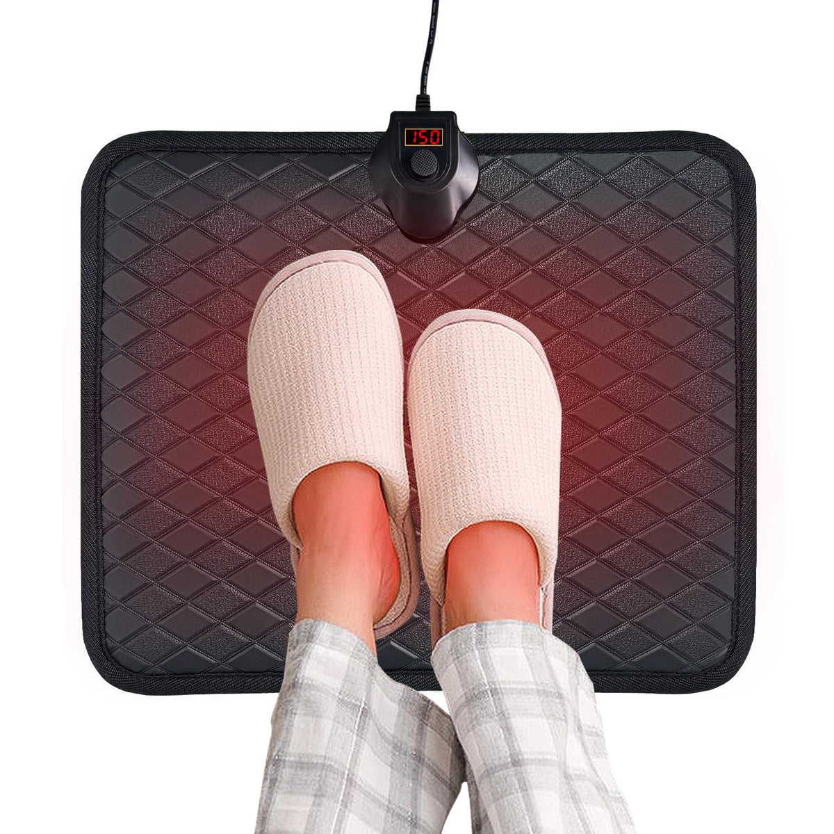 MAXCOM heated floor mat under desk warms feet during long work sessions.