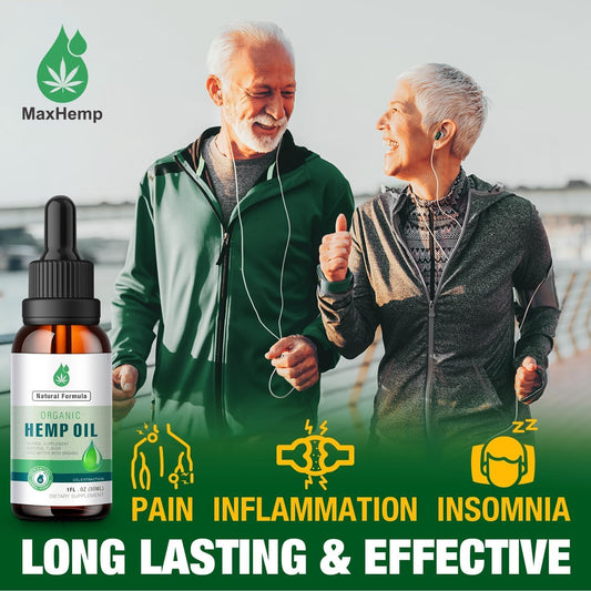 MaxHemp bottle front view highlights premium organic hemp oil for daily balance.