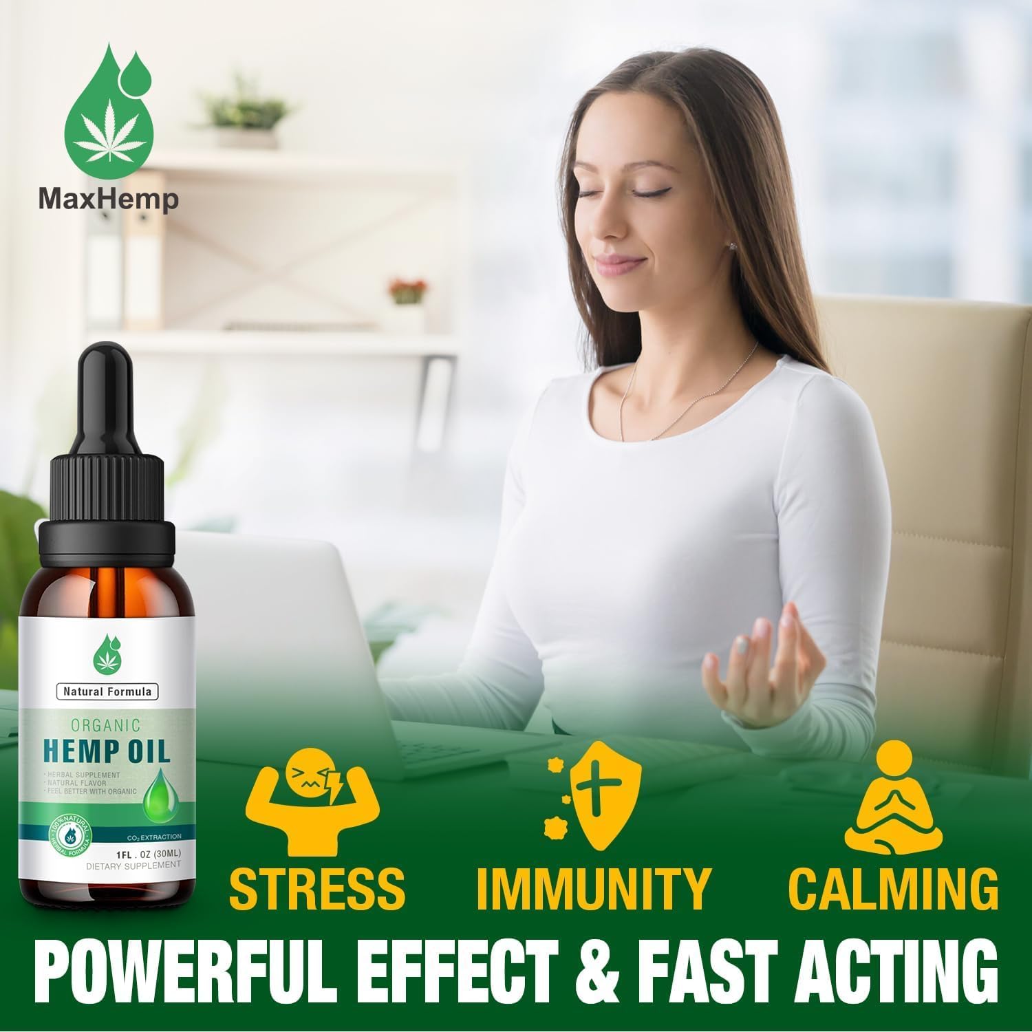 MaxHemp bottle with dropper demonstrates precise daily dosage for consistency.