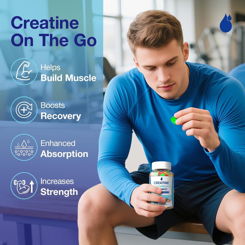 MaxHemp Creatine Gummies on-the-go pack shows portable fitness supplement for gym trips.