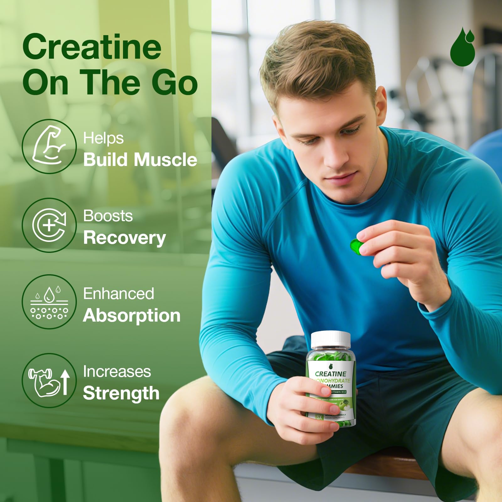 Gummies next to gym gear illustrating pre-workout energy support.