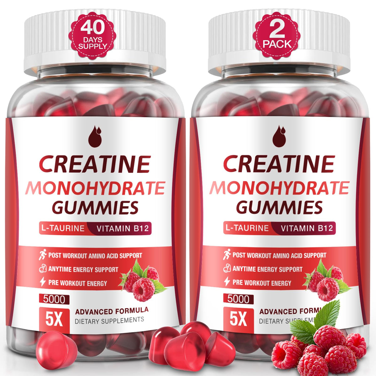 MaxHemp Creatine Gummies Raspberry bottle front shows flavor and branding for daily use.