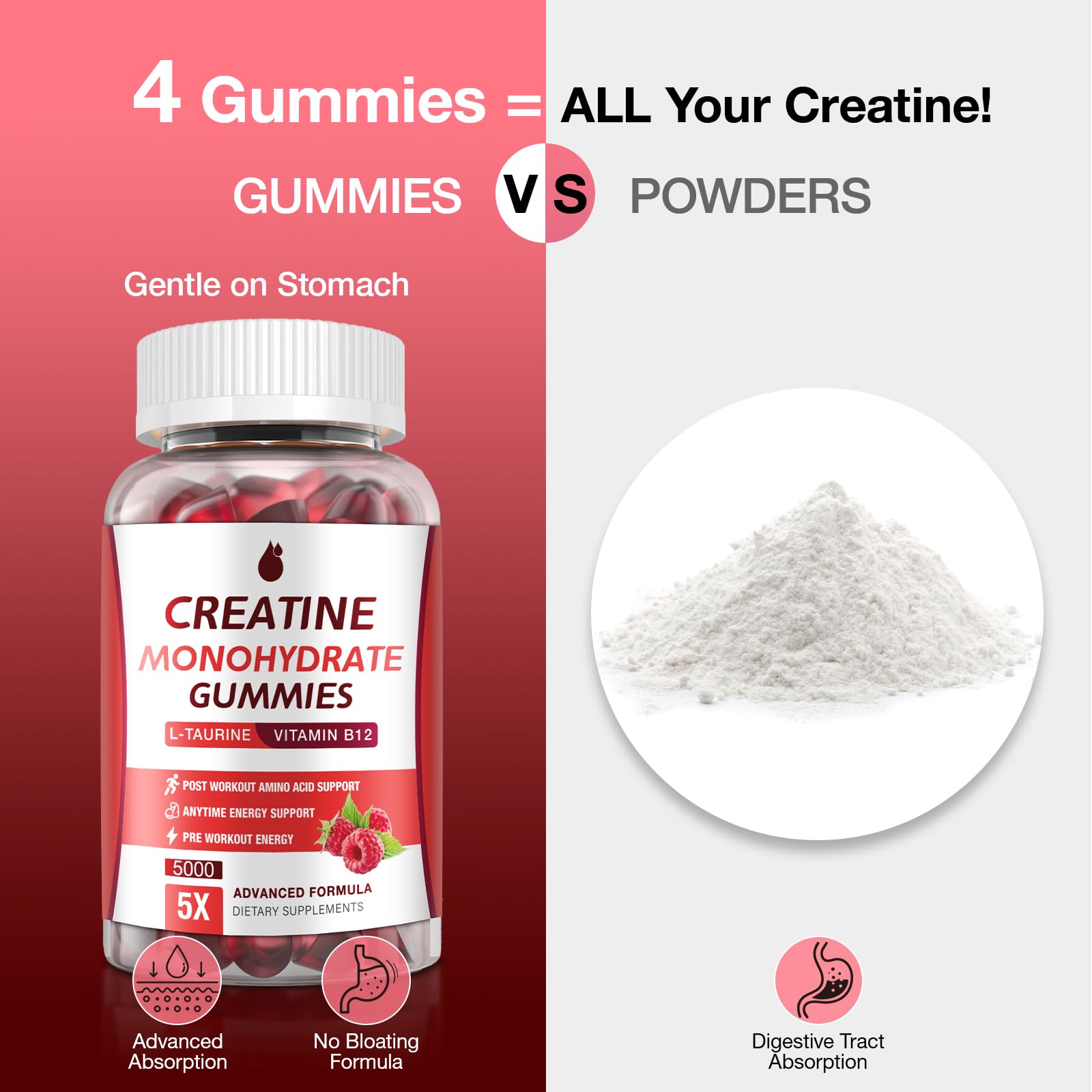 MaxHemp Creatine Gummies raspberry flavor close-up emphasizes tasty supplement.