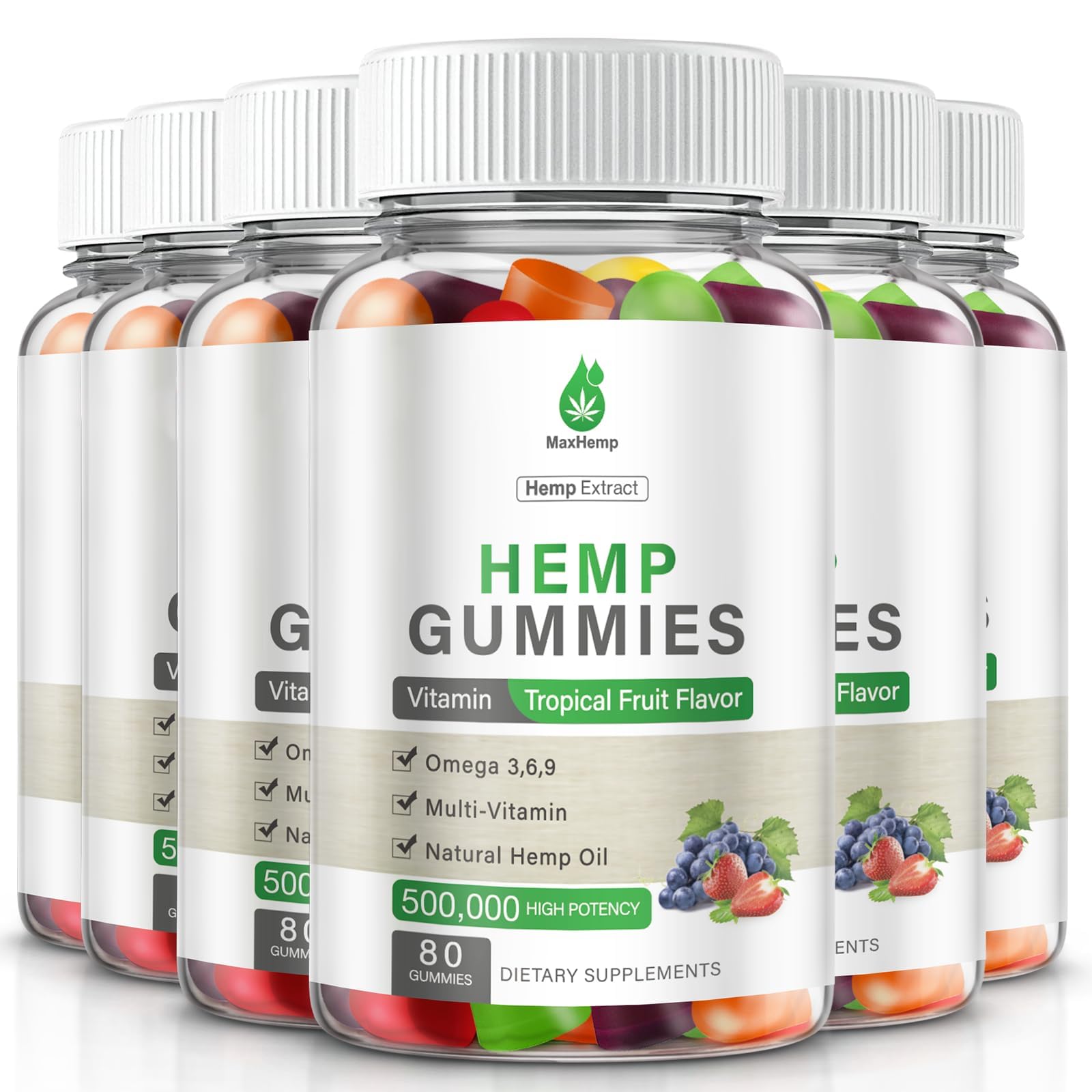 MaxHemp Hemp Gummies 6-pack bottle showcases premium quality and vegan formula for everyday use.