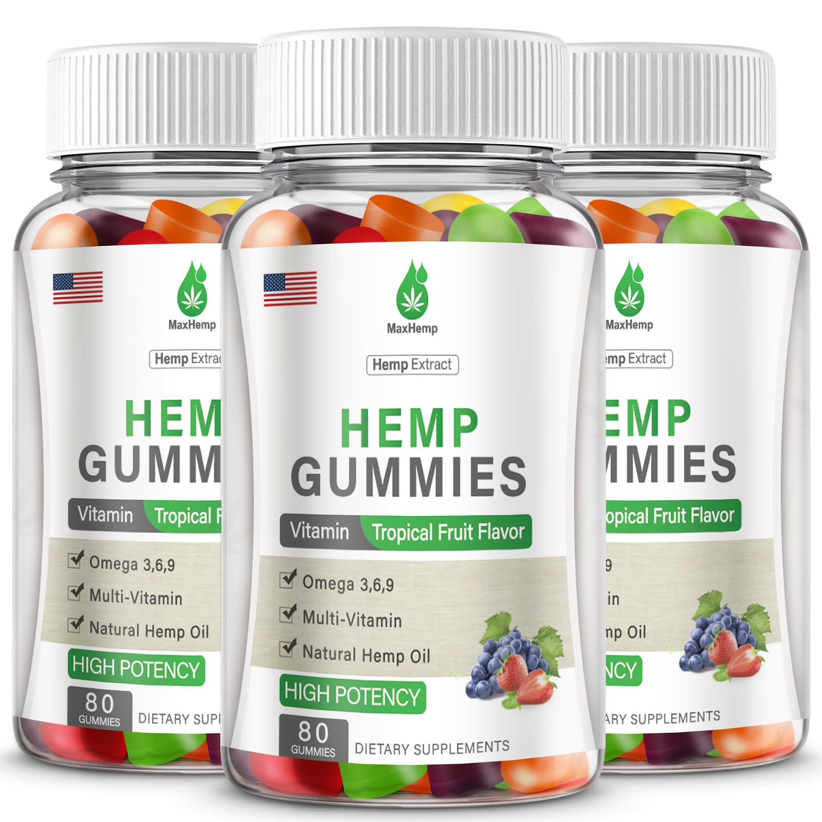 MaxHemp Hemp Gummies front bottle showing convenient daily wellness and sleep support