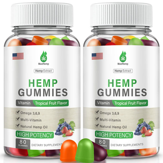 MaxHemp Sleep Gummies packaging highlights premium hemp and easy evening dosing.