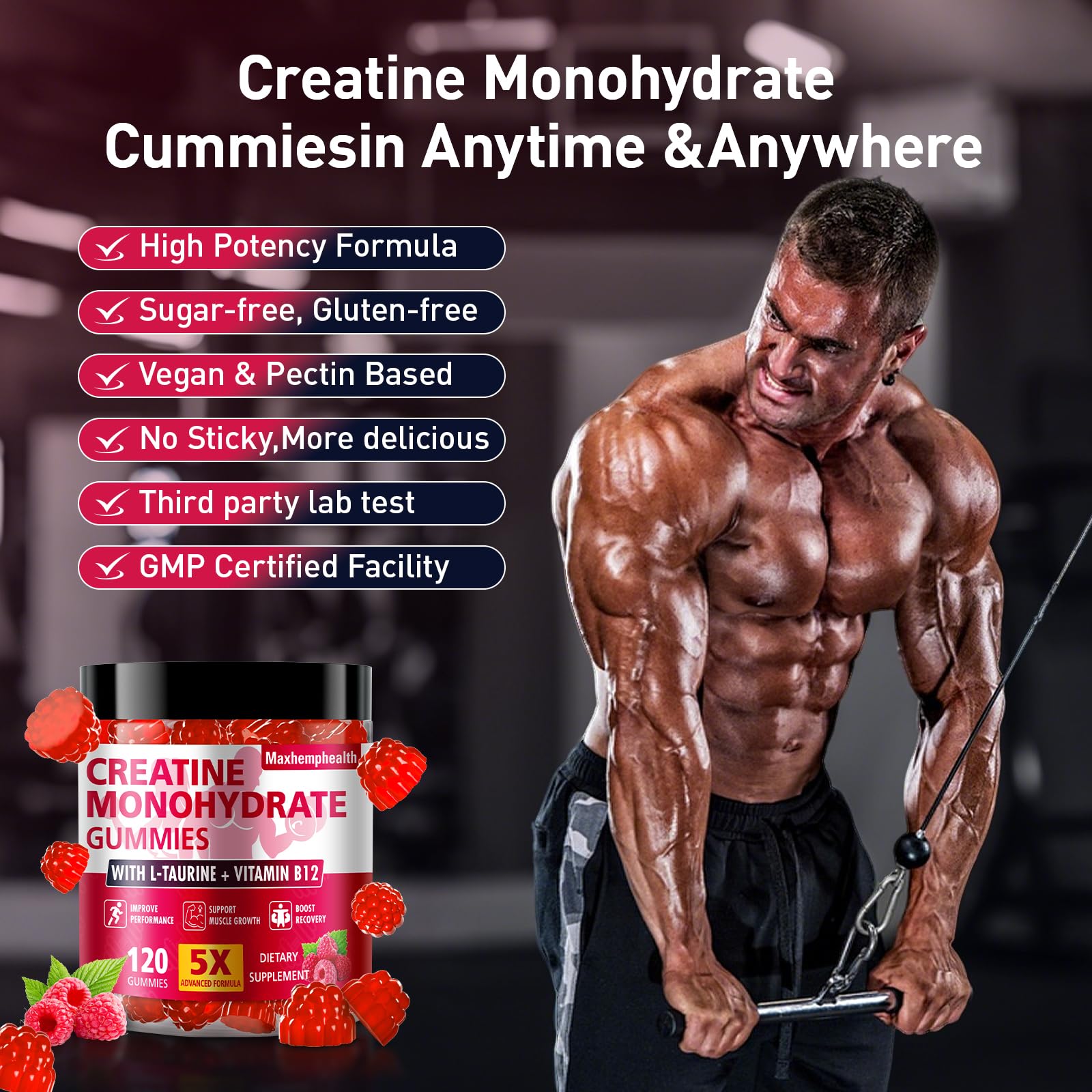 Maxhemphealth creatine gummies brand logo on a clean bottle