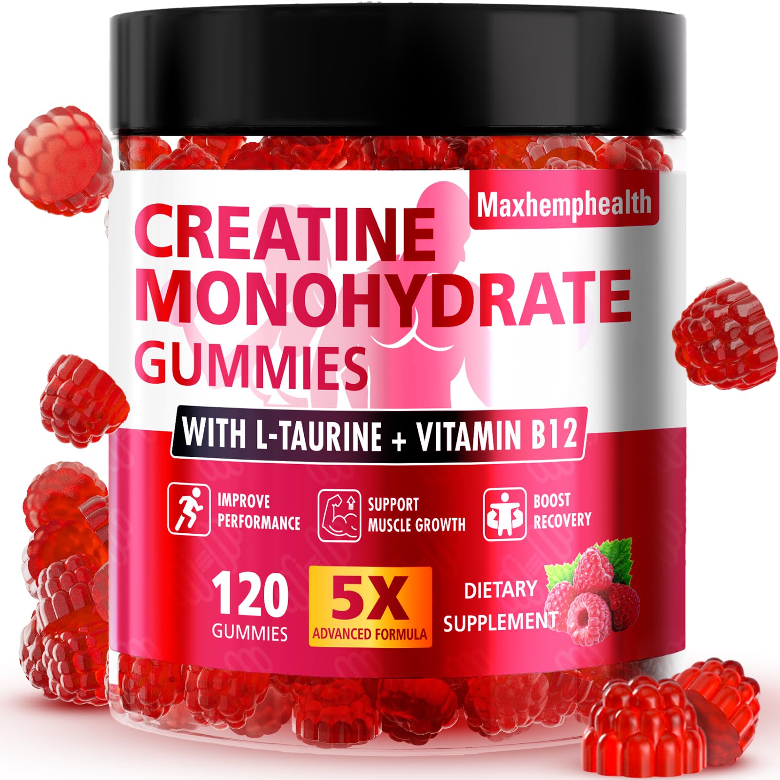 Maxhemphealth creatine gummies raspberry bottle for on-the-go training support