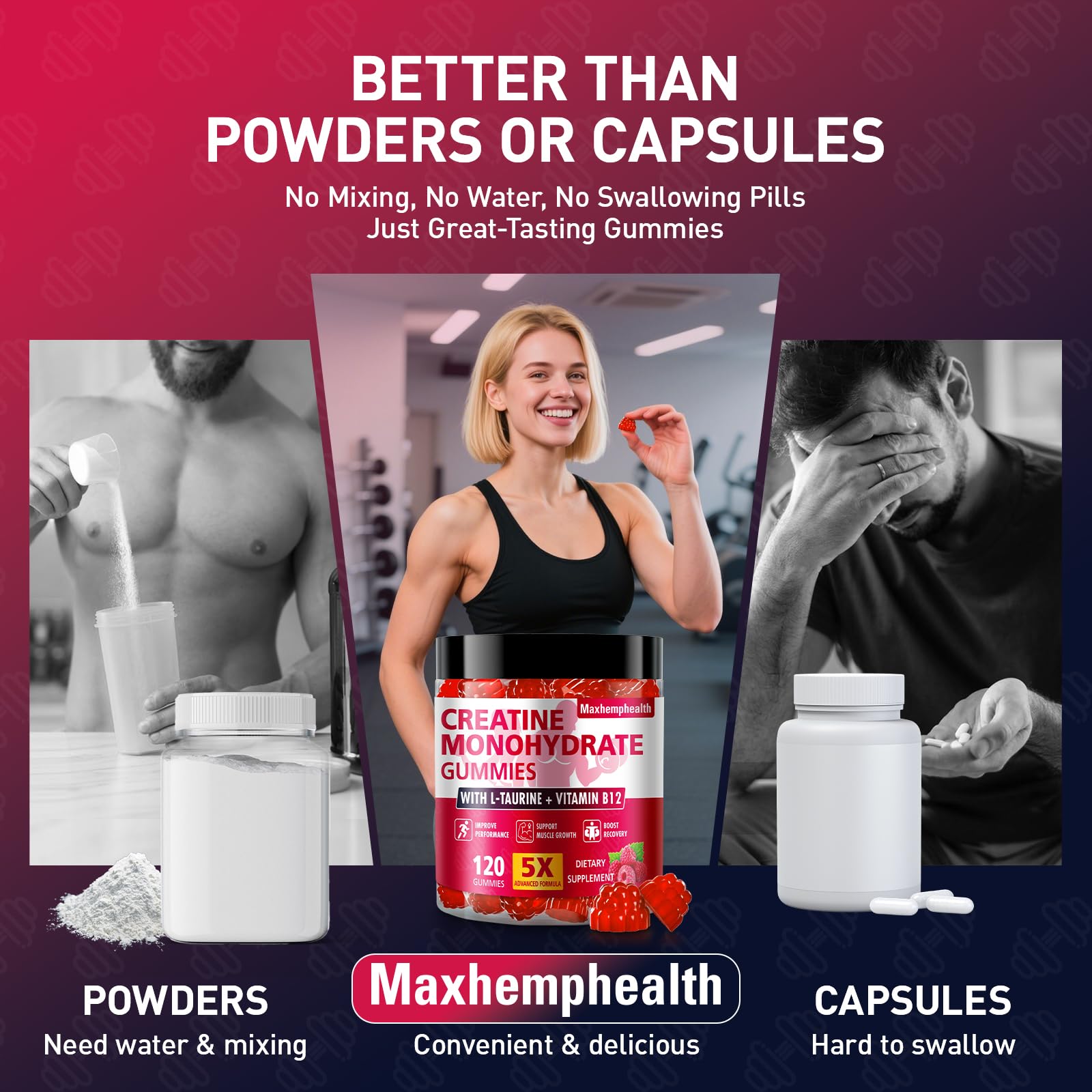 Maxhemphealth creatine gummies travel-friendly bottle for busy days