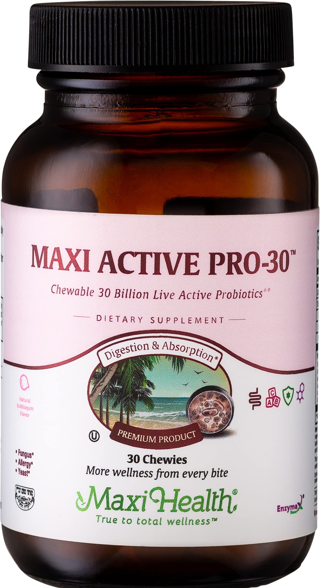 Maxi Active Pro-30 bubblegum tablet for kids supports daily digestion.